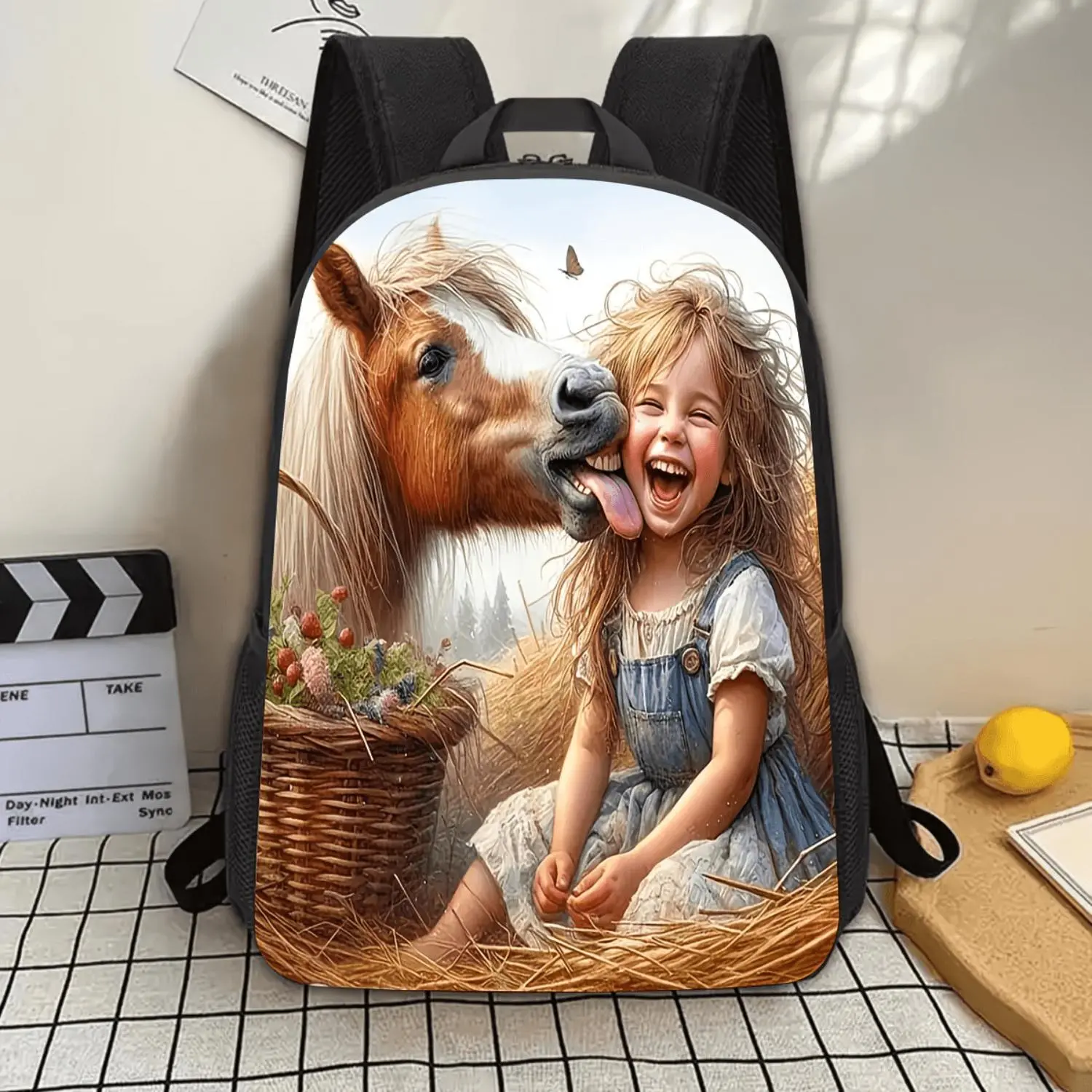 Unisex Cartoon Horse and Girl Backpack - 17in Large Capacity, Lightweight Durable Fabric, Vibrant Design, Sturdy Construction, Back to School Bag, Ideal for Travel, Unique Birthday Holiday Gift