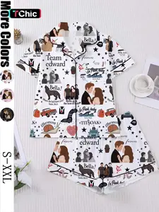 【Valentine's Day Pajamas】 Set, Twilight Print Couple Women Sleepwear, Short Sleeve Button-Up Top & Elastic Shorts, Casual Home Wear