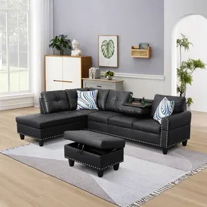 Modern Black Faux Leather Sofa Set, 3-Piece Upholstered Sectional Couch with Thick Seat Cushions, Sleek Synthetic Leather Furniture for Living Room & Apartment