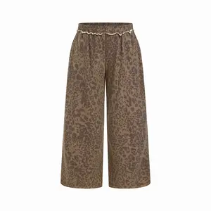 Cider Cotton-blend Mid Rise Leopard Lettuce Trim Wide Leg Trousers Curve & Plus