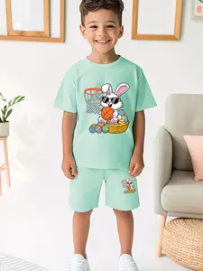 Cute Cartoon Rabbit Basketball Kids Casual Set, Easter Egg Style Comfortable, All Seasons Fitted Clothing