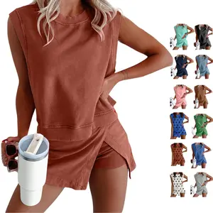 Ommig Womens Travel Outfits Summer Lounge Set Two Pieces Mineral Wash Cotton Tank Top Lined Split Athletic Skirt Set,summerwins