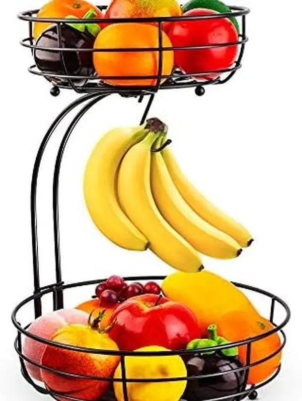 Iron 2-Tier Countertop Fruit Vegetables Basket Bowl Storage With Banana Hanger, Black, 64 ounces