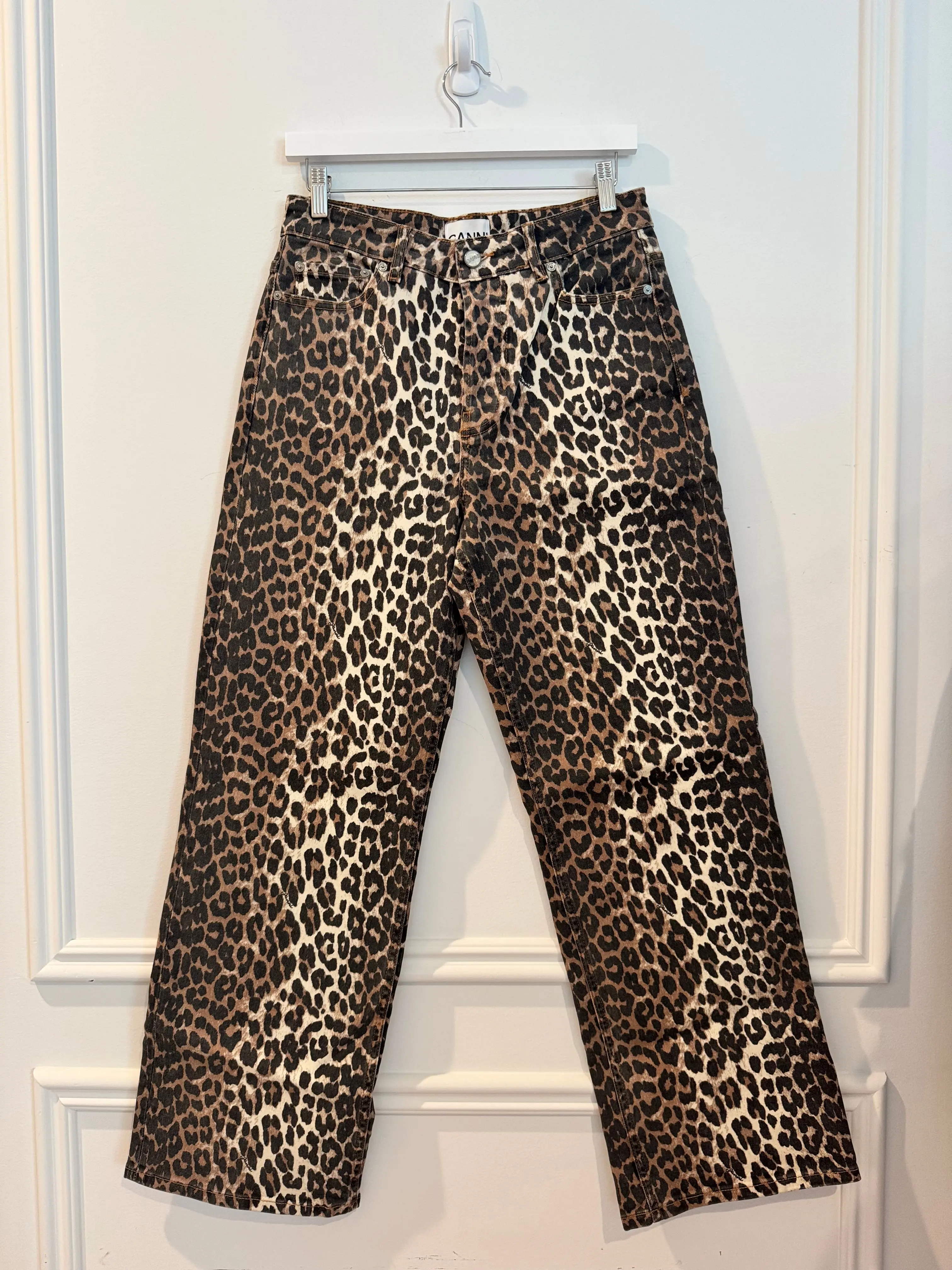GANNI Organic Cotton Izey Jeans in Leopard Print, Size 27