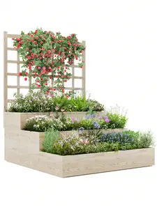 Gaomon Rustic Wooden 3-Tier Raised Garden Bed - Fir Wood Vertical Planter Box with Trellis, Ventilated Base, Modular Layout, Space Saving for Climbing Plants, Herbs - Outdoor Elevated Patio Planter