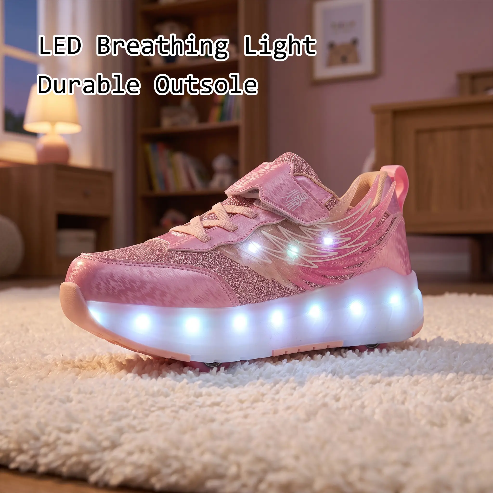 Kids LED Light Up Roller Skate Shoes for Girls - Night Glow 4-Wheel Detachable Wheeled Sneakers,Glitter Wing Design, Velcro Strap Light Up Skate Shoes for Birthday Christmas Gifts Footwear Athletic Trainer