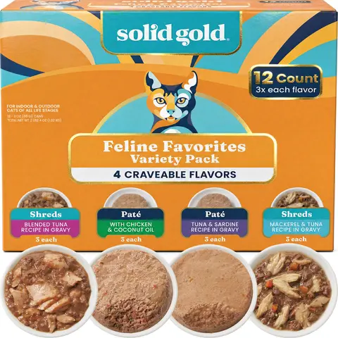 Solid Gold Feline Favorites Wet Food Variety 12 Pack for Cats Fish Assorted Flavors & Textures Complete Balanced Diet