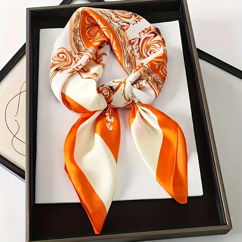 Elegant Head Scarf for Women, Square Synthetic Satin Kerchief with Vintage Ornate Print, Multifunction Scarf Style Fashion Shawl Wrap, Accessories For Women, Dual-Use Scarf