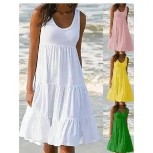 Oversized O Neck Sleeveless Ruffles Loose Beach Dress Women Boho Solid Color Plus Size Elegant Sundress Club Party Vestidos