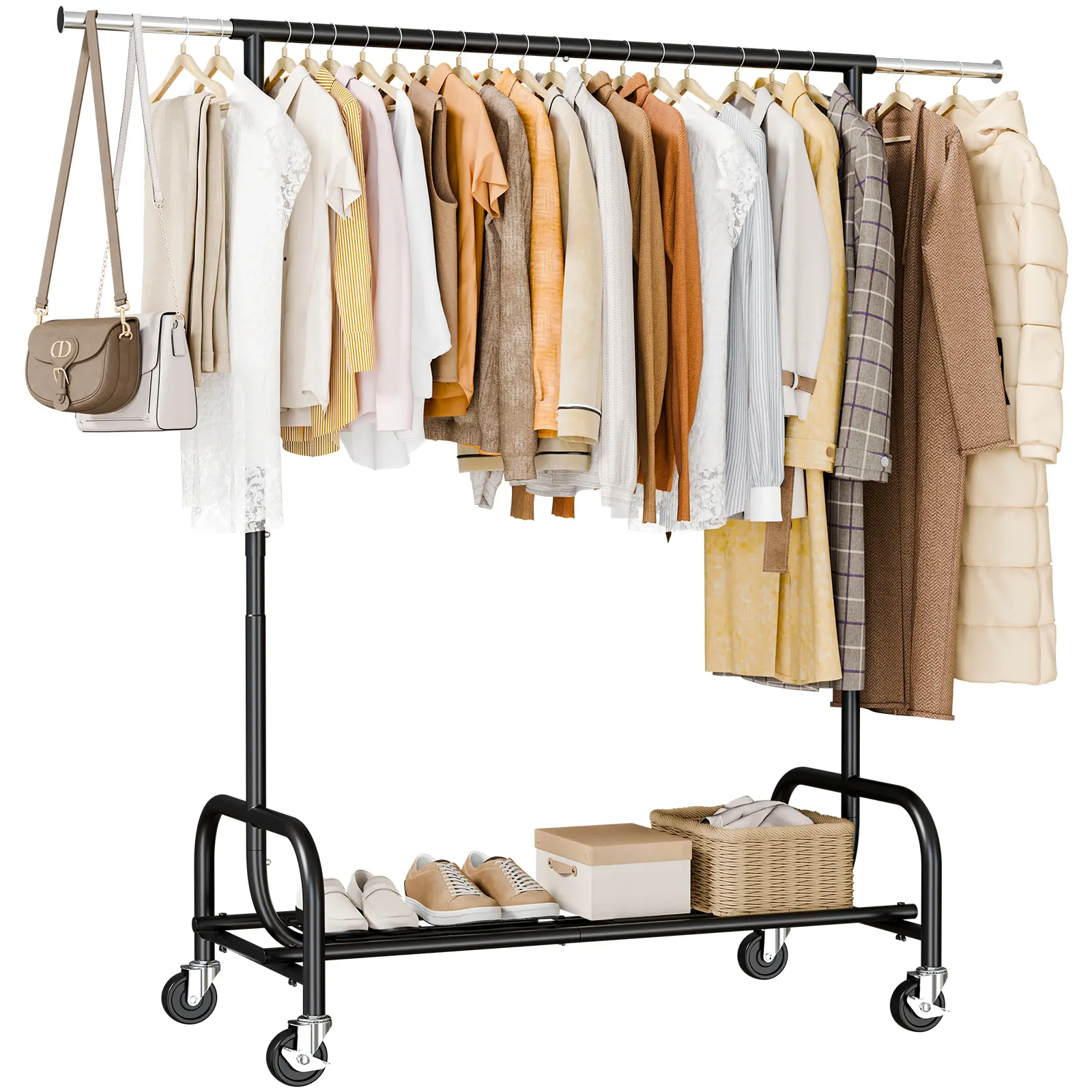 Clothes Rack with Wheels, 450 LBS Heavy Duty Clothing Rack for Hanging with Adjustable Height, Portable Rolling Garment Stand with Mesh Shelf and Extendable Rod for Bedroom Laundry