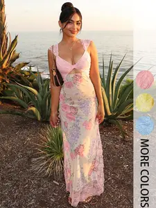 Women's Ditsy Floral Print Lace Insert  Dress, Summer Clothes Women, Boho Sleeveless Long Dress for Beach Holiday Vacation, Ladies Summer Clothes, Floral Print Bodycon