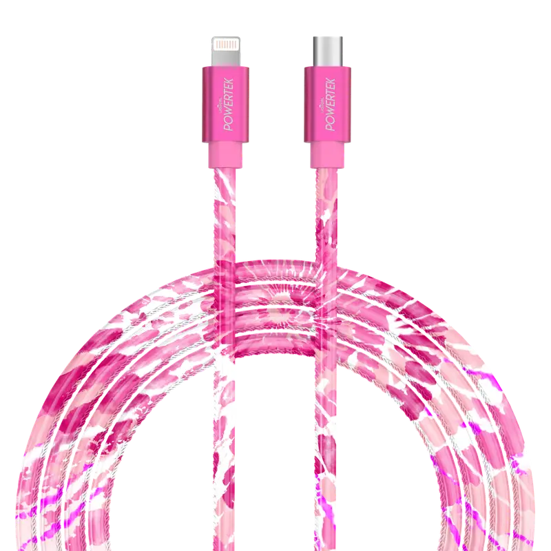 Powertek Tie Dye USB C to Lightning Cable 6 ft for iPhone 14 13 12 11 and iPad, MFi Certified Charging Cord, Pink