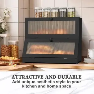 Double Layer Bamboo Bread Box for Kitchen Counter-Large Capacity Bread Storage Container Farmhouse Bread Box with Window