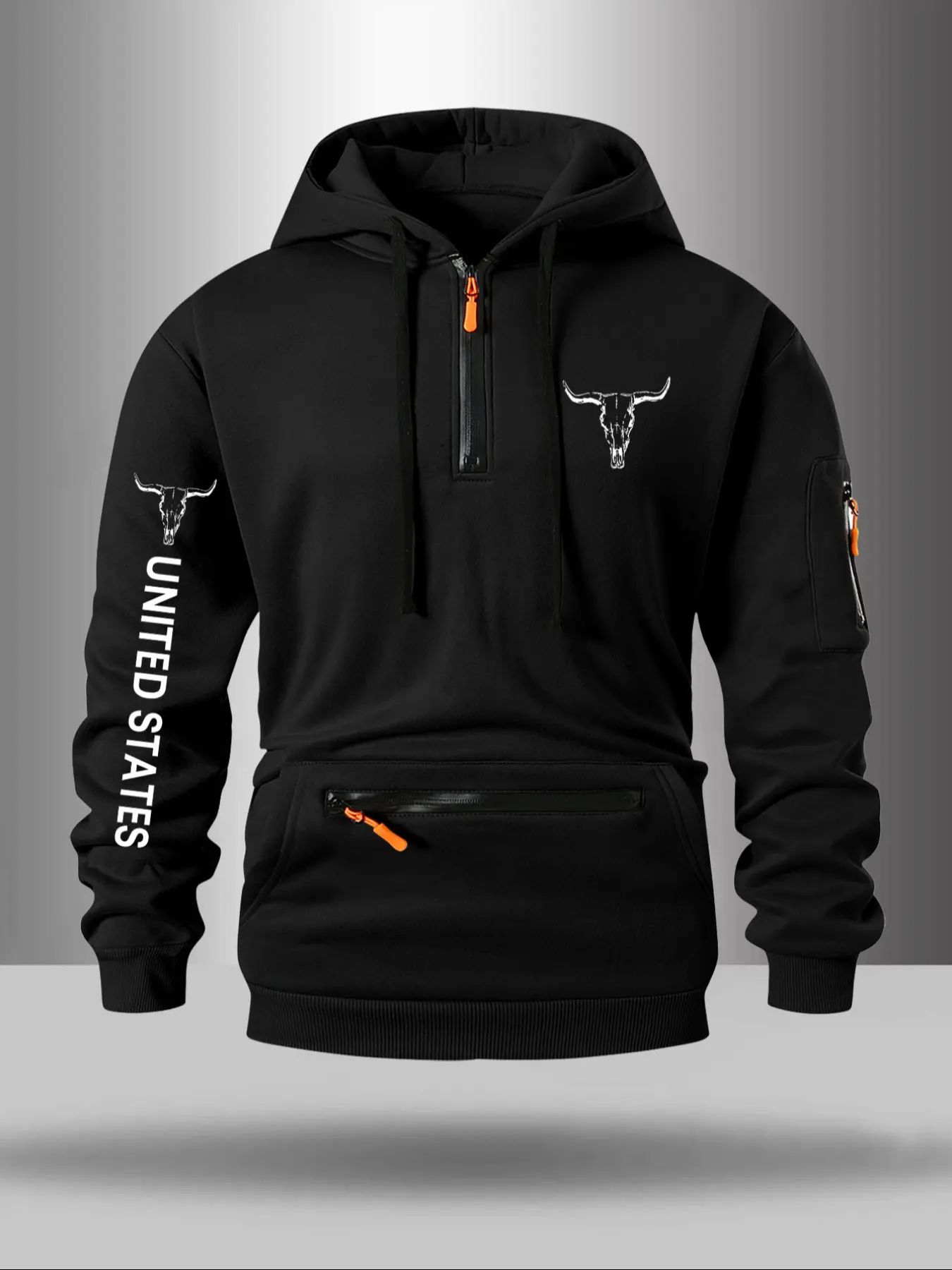Men's Casual Knit Letter Print Bull Hoodie with Half-Zipper Design, Trendy Pocket Zipper Style, Available in Multiple Colors