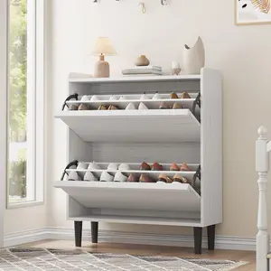 Adjustable Wooden Shoe Organizer Storage Cabinet with 2 Flip Drawers, White Adjustable Shelf Rack, Natural White Metal Racks for Entryway, Hallway