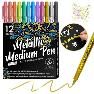 12 Pack Metallic Acrylic Paint Markers - Medium Tip 1-2mm  for Rock Painting, Stone, Glass, Ceramic, Wood, Fabric, Black Paper, Scrapbook Journals, Photo Albums, DIY Crafts (12 Colors)