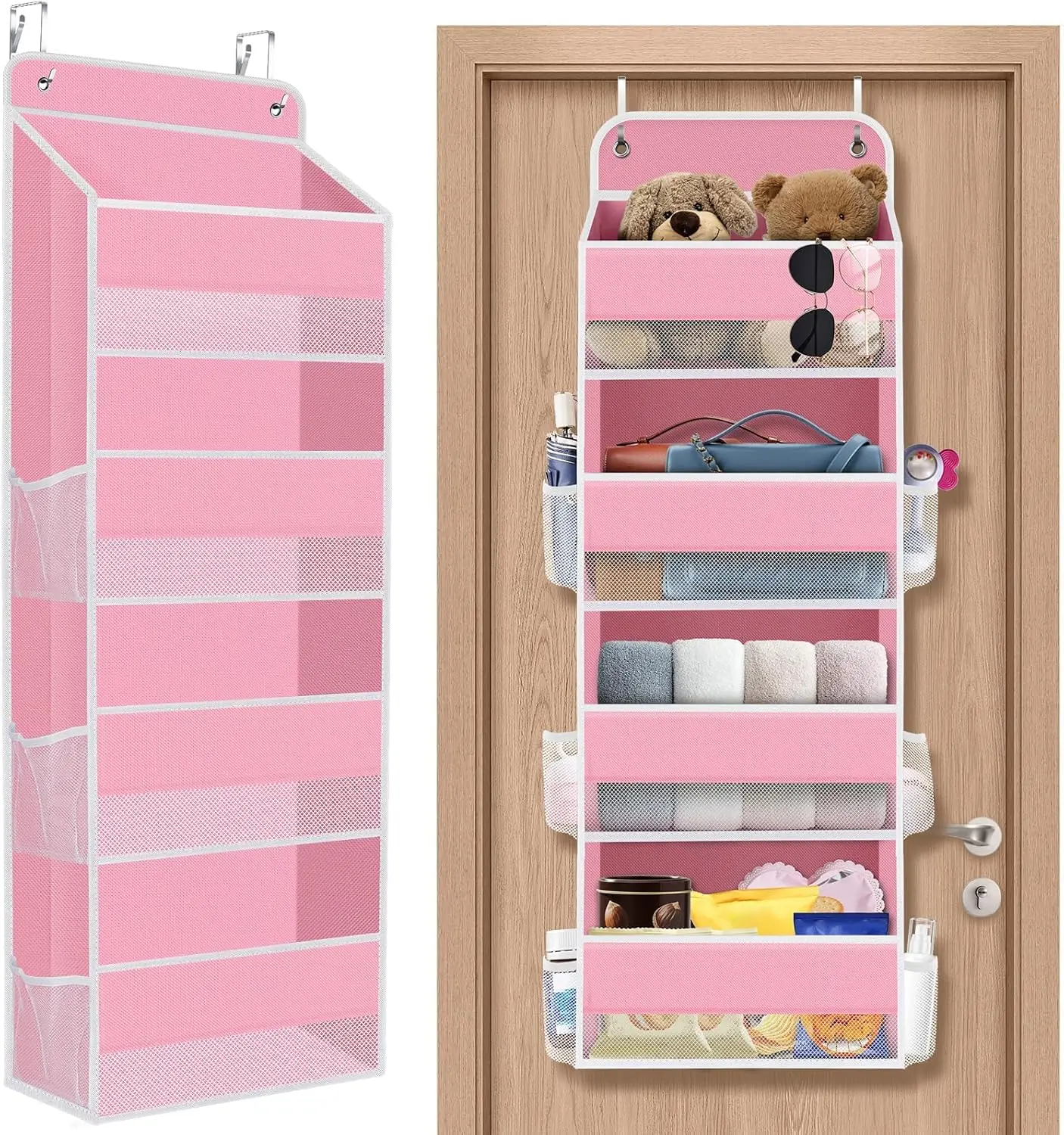 1 Pack Over The Door Organizer Hanging Storage Organizers with Clear Window 40lb Large Capacity Room Organizer for Pantry Laundry Bathroom Nursery Closet(Pink), Hangable, Cardboard
