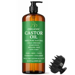 Pomberries Organic Castor Oil 33.8 fl oz 1 Liter with Scalp Massager, Cold-Pressed Unrefined Hexane-Free Hair Brows Lash Care Daily Moisturizer