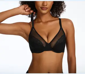 FS 1/2PCS EssElegance Women's Floral Lace Full Coverage Bra Unlined Underwire Minimizer with Breathable Mesh Cups for Comfortable Support Womenswear Everyday Smooth Wings