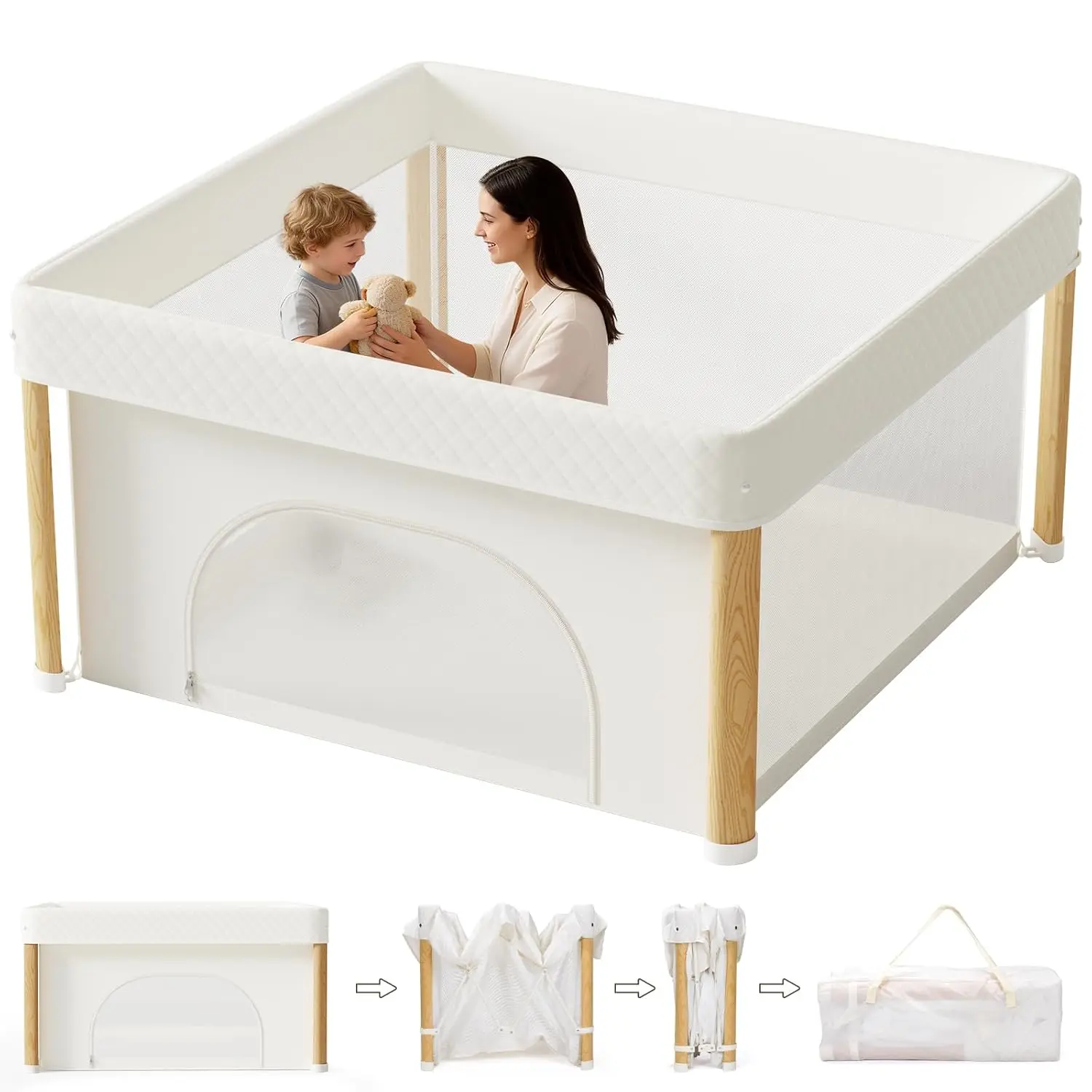Foldable Baby Playpen - 59x59in Kids Safety Area with Embossed Edge Wrapping, External Zipper Design, Storage Bag for Family Trips, Parent-Child Outings, Indoor-Outdoor Portable Use