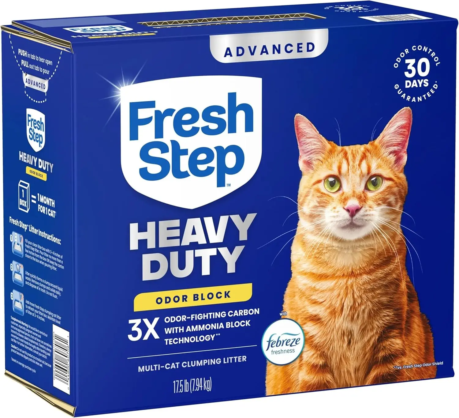 Fresh Step Heavy Duty Clumping Litter with Febreze - 17.5 lb Natural Clay Box Pack, Odor Shield, 30-Day Freshness, Solid Granules, Tight Clump Lock, Urine Locking Litter Box Solution for Multi-Cat Homes
