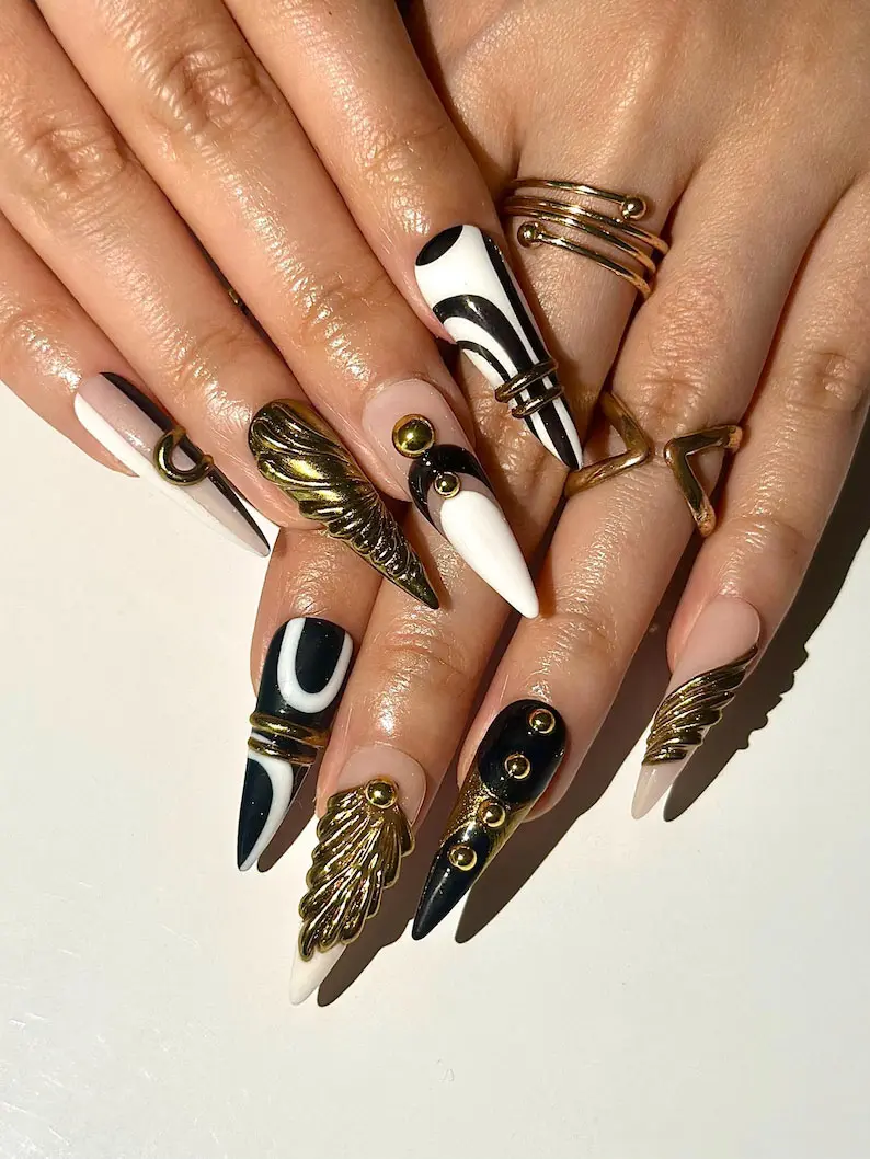 Black White Gothic Angel Wing Press On Nails | Luxury 3D Gold Metal Nails | Stiletto Press On Nail Set | Handmade Punk Glam Fake Nails