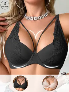 1/2/3 Pack / 3 colors Women's Lace Patch Deep V Push-Up Slim Everyday Bra with Underwire, Back Triple Hook, Adjustable Straps, Sizes 70B-90C, Skin-Friendly, Comfortable, Breathable Fabric, Suitable for Daily Wear / Dates / Commuting, Lace Women's Bra