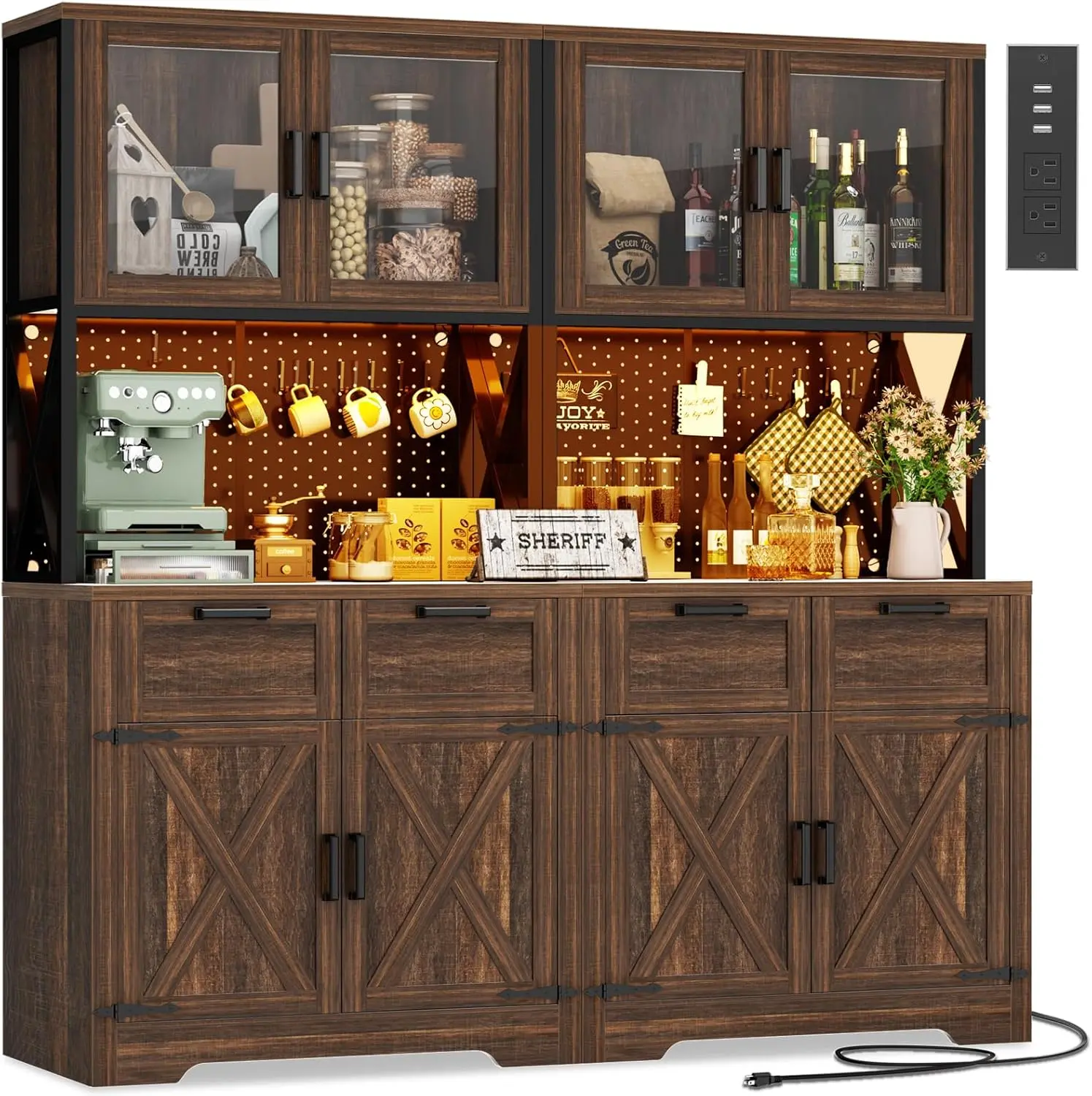 Unikito Wood 71" Tall Kitchen Cupboard - Furniture for Kitchen, Interior Storage Furniture with LED Light, Outlet, 63" Wide Countertop, DIY Pegboard, Drawers and Cabinets, Living Room Food Pantry (Weathered Brown)