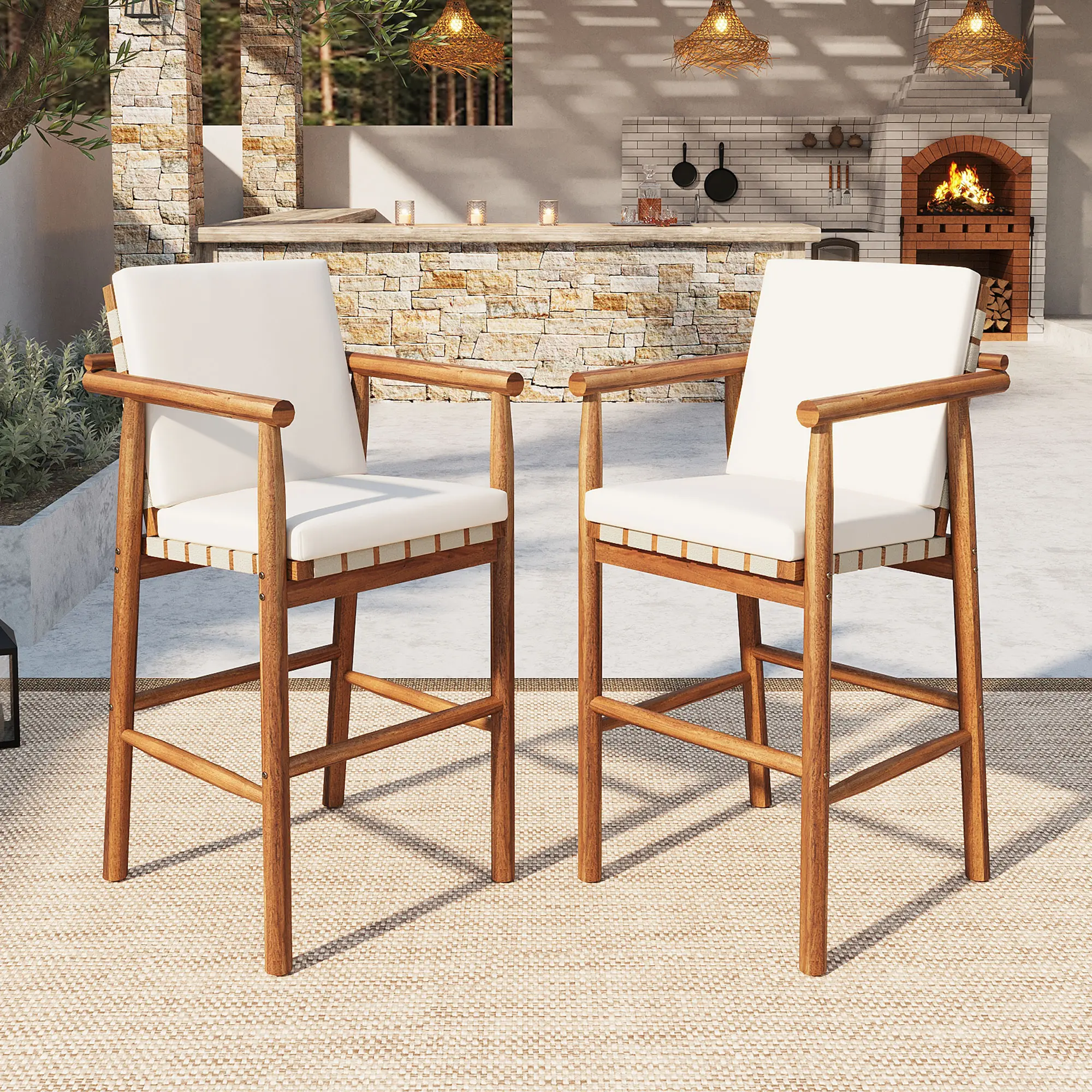 Outdoor Counter Height Bar Stools Set of 2, Modern Patio Acacia Wood Stools with Backrest Armrest and Webbing Seat, Beige Cushions Included, for Garden Pool Deck Dining, 2-Pack, Dining Room Chairs for Kitchen, Dining Room, Living Room