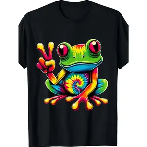 EWH Tie-Dye Frog Peace Symbol Hippie Tee, Men’s Casual Short Sleeve, Retro Boho Streetwear for Daily Outings