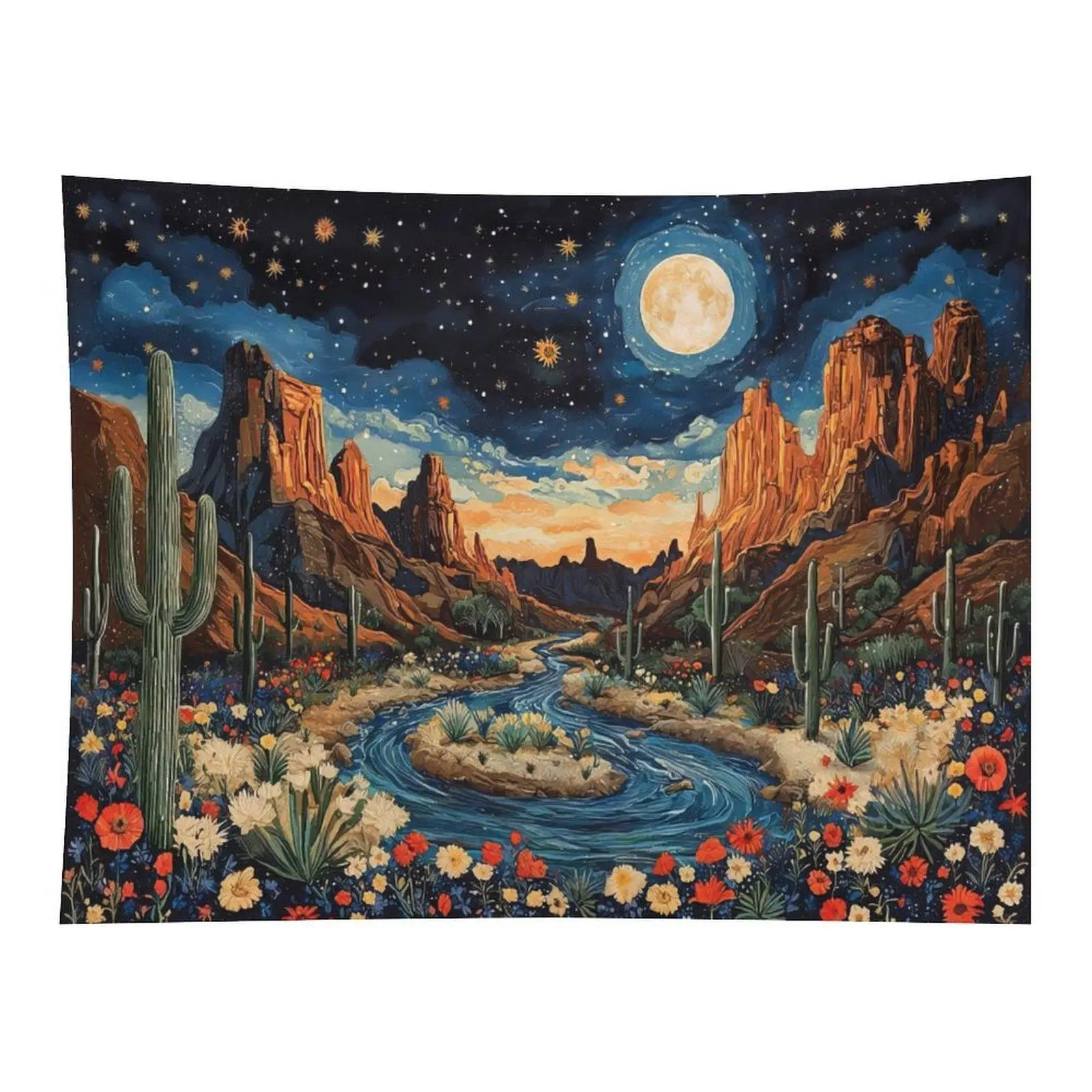 Desert Canyon Saguaro Cactus Wildflower River Full Moon Starry Sky Wall Tapestry Wall Hanging, Southwestern Western Night Landscape Art Decor for Farmhouse Bedroom Dorm Aesthetic Backdrop