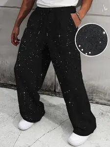 Men's Casual Sports Pants with Silver Color Rhinestones, Soft Fabric for Comfort, Regular Fit for All Leg Shapes, Perfect for Home and Outdoor Wear, Casual Sport Trousers, Casual Sporty Trousers