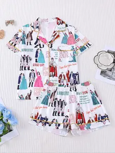 2pcs Hamilton Broadway Musical Print Pajamas Set - Vibrant Theater Fan Fitted Short-Sleeve Pjs (Notch Collar + Chest Pocket + Elastic Waist) - Soft Adult Womenswear Loungewear/Sleepwear/Homewear Pyjamas for Pre-Show Hangouts, Theater Nights & Gift Giving