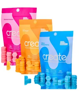 Create Pack of 3 Creatine Monohydrate Gummies for Men & Women Blue Raspberry Orange Watermelon Flavors 90 Count Each 1.5g Creatine per Serving Boost Focus Strength Endurance Muscle Building Recovery Fitness Supplement
