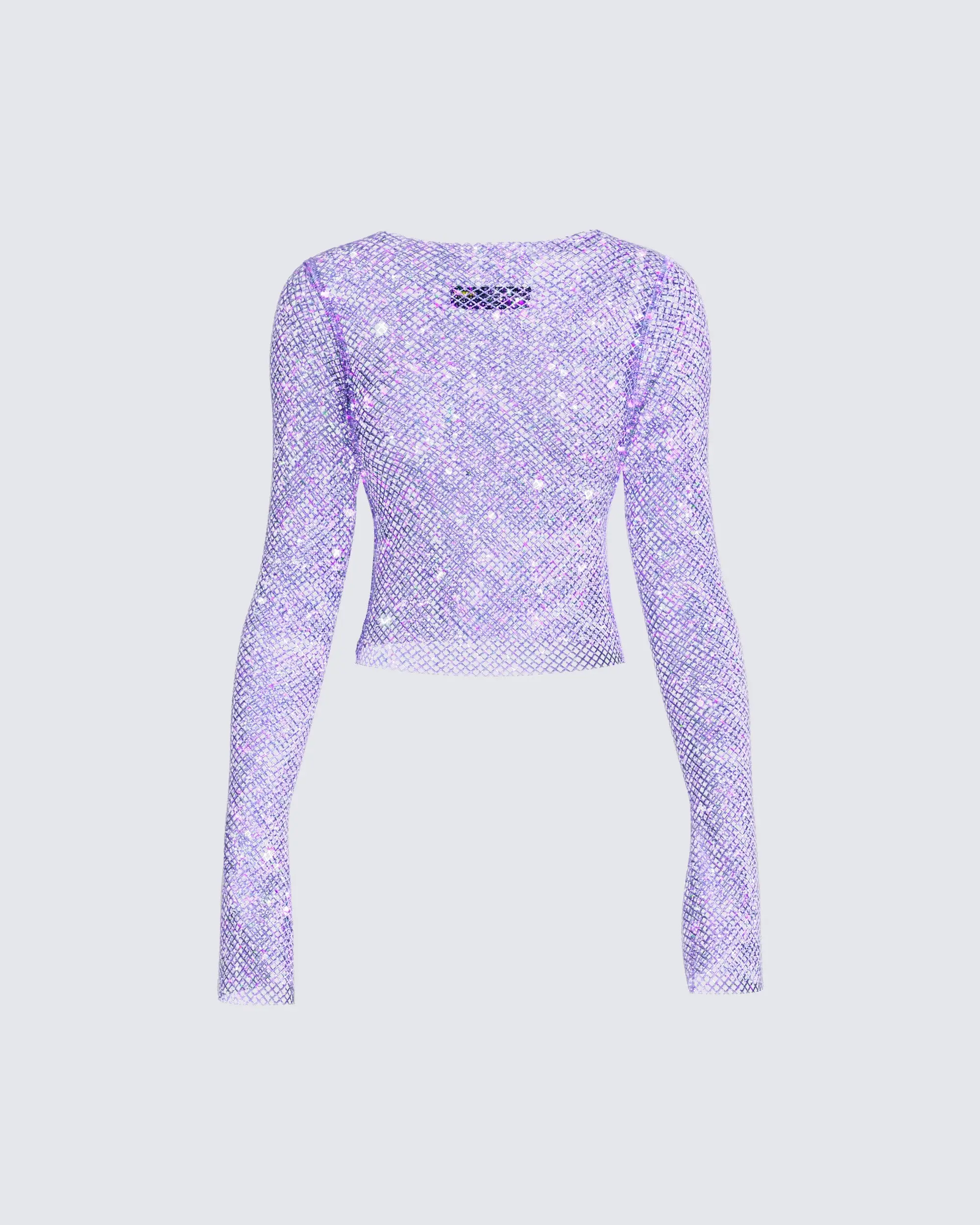 Women's Lavender Rhinestone Fishnet Top, Sheer Long Sleeve Cropped Cut with a Glamorous Look for an Evening Out, Longsleeves, Fishnet Stretch, Rhinestone Mesh, Yes, Fishnet Print, Dazzling Rhinestone Fishnet
