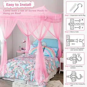 Twin Size Bed Canopy with Lights, Bed Canopy for Girls Princess with Luminous Stars, Canopy Bed Curtains for Twin Bed Kids Indoor Decor Bedroom, 4 Corner Post Bunk Bed for Student Dormitory, Pink