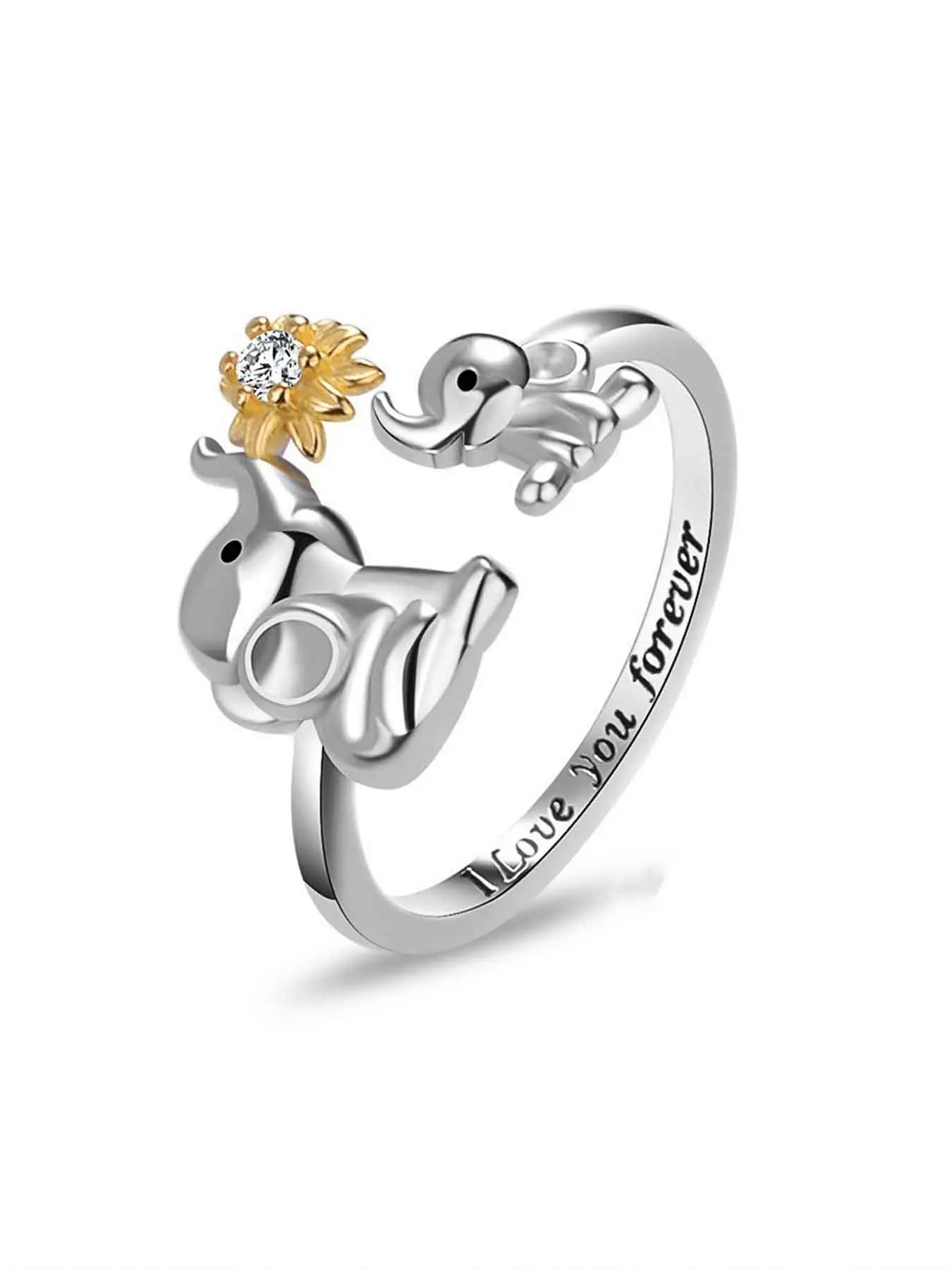 Adjustable Mother Elephant Ring, Creative Daisy Rhinestone Design, Perfect for Daily Wear, Theme Parties, Special Holidays, Women's Jewelry, Adjustable Rings, Elephant Motif Rings, Rhinestone Decorated Rings, Daisy Accent Rings, Open Adjustable Rings