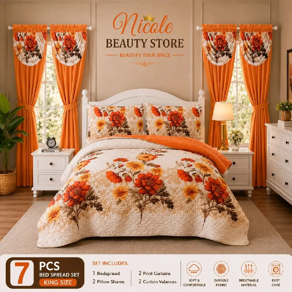 7-Piece King Size Floral Bedspread Set with Matching Curtains & Valances – Luxury Orange Bedroom Collection