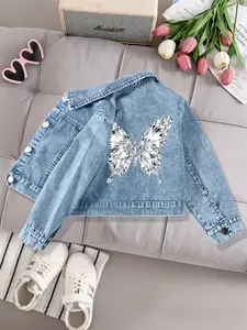 Girls' Outdoor Casual Fashion Button Denim Jacket Coat, Button Front Jacket, Spring & Fall Wear, Fitted Design, Random Print, Daily Versatile Clothing