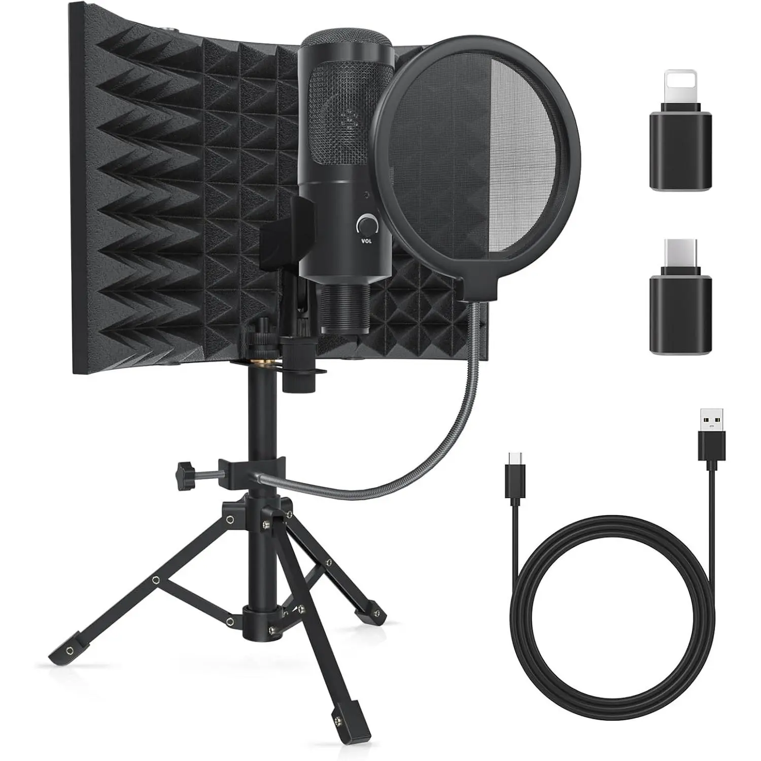 Studio Recording Microphone Isolation Shield with Pop Filter and Metal Tripod Stand, Studio Mic to PC Laptop Smartphone,  Microphone for Recording Singing Podcasting