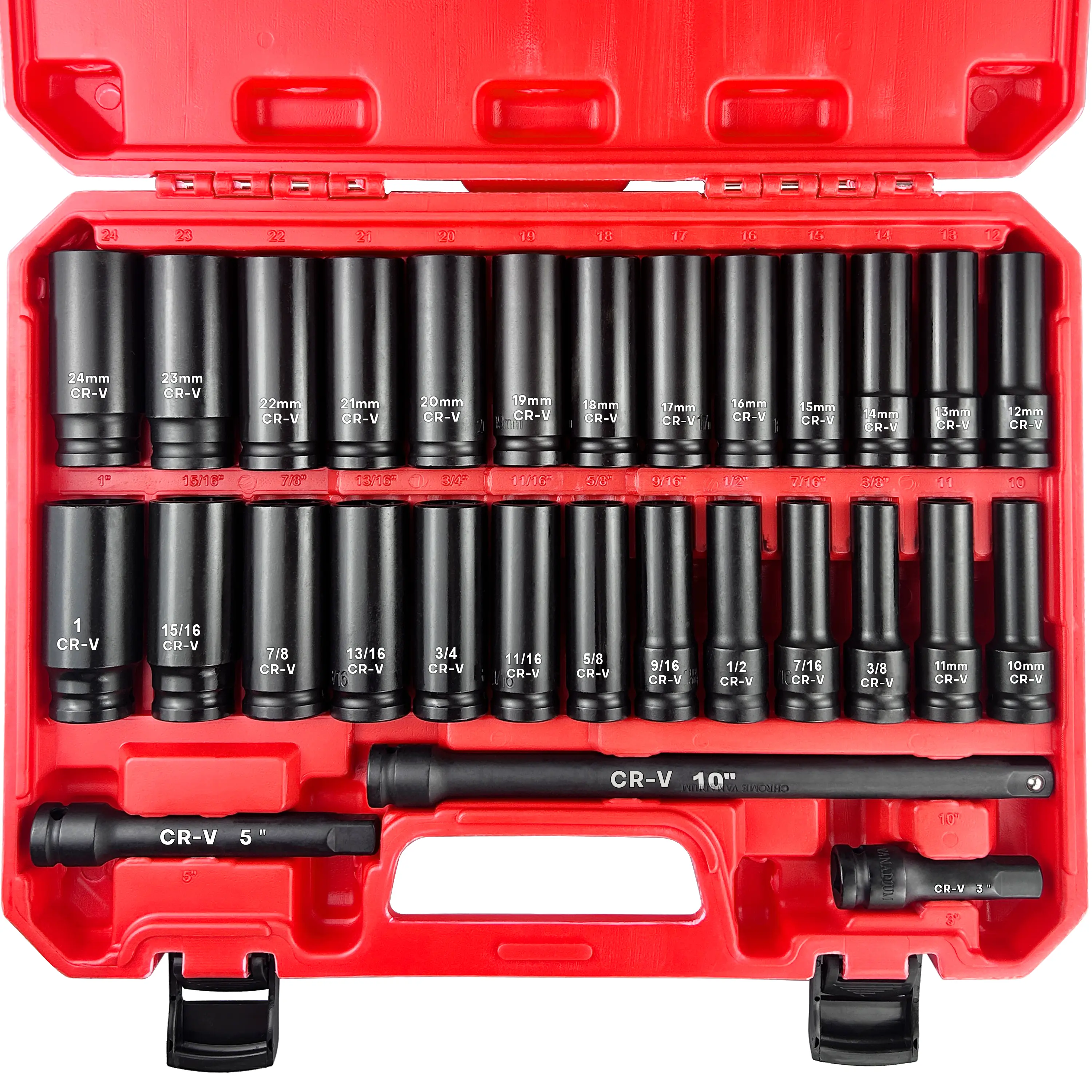 29-Piece 1/2" Drive Deep Impact Sockets Set (Work Tools) - SAE Wrench Set (3/8"-1"), Metric Sockets (10mm-24mm), Wrench Extend Rods (3",5",10"), Cr-V Steel #TikTokShopBacktoSchool