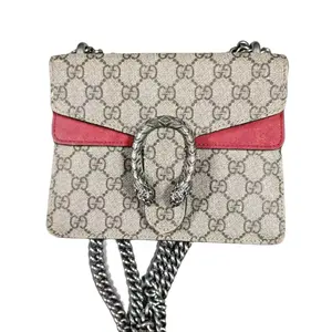 Pre-owned GUCCI cowhide Shoulder Bags Dionysus Medium Shoulder Bag in Beige and Ebony GG Supreme Canvas with Red Suede Trim and Silver Tone Metal