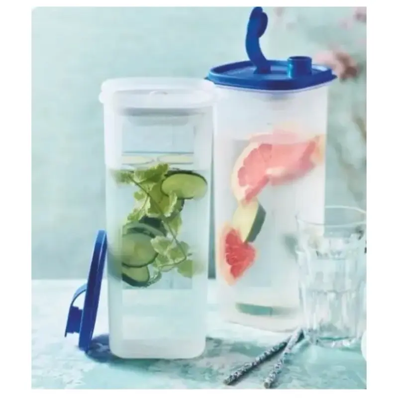 2-Piece Durable Slim-Line Kitchen Drinkware Set, 2L Reusable Space-Saver Refrigerator Jug & Bottle with Blue Lids for Fridge Storage