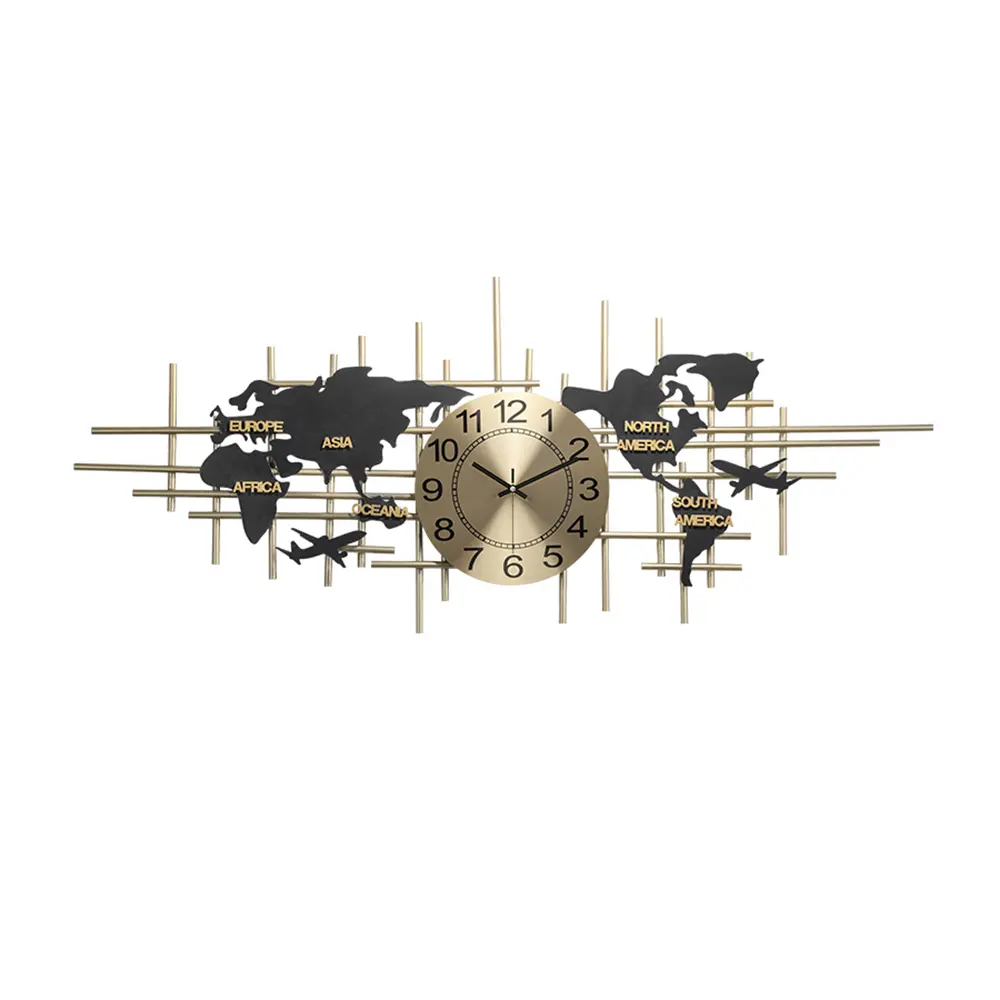 Homary 37.8in W x 16.9in H Oversize Handmade Irregular Metal World Map-Inspired Silent Wall Clock - Battery-Powered, Low-Power Ticking, Travel-Inspired Indoor Home Decor for Living Room, Gold