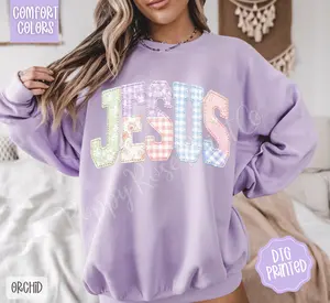 Faux Quilted Jesus Sweatshirt Comfort Colors, Trendy Women's Religious Crewneck