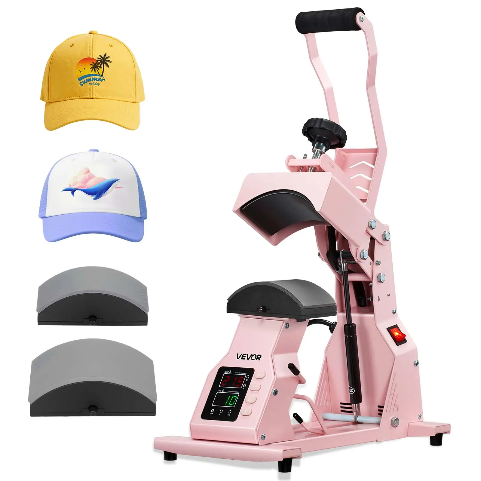 【Summerfinds】VEVOR Hat Heat Press Machine (Household Appliances), 2-in-1 Versatile with 2 Interchangeable Platens, 6.1x3.15 in Heat Plate, 33.8℉ to 450℉ Precise Temp-Time Control, Auto Shut-Off, for HTV Iron-On & Sublimation Projects, Pink