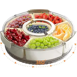 Divided Serving Tray with Lid and Handle, Portable Snackle Box Container for Fruits Snacks Charcuterie Organizer, Spinning Rounded Veggie Tray for Kitchen, Party, Travel and Picnic