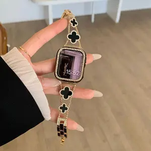 Black Shell Clover Slim Metal Bracelet for Apple Watch - Elegant Business Dressy Strap Fit Ultra 2/Ultra/Series 9-1/SE/SE2 (38-49mm) Unisex (Watch Not Included)