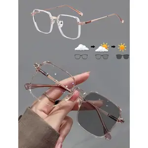Unisex Photochromic Anti-Blue Light Glasses, Alloy Square Frame Stylish Eyewear for Work & Students