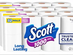 Scott 1000 Trusted Clean Toilet Paper, 32 Rolls, Septic-Safe, 1-Ply Toilet Tissue, White